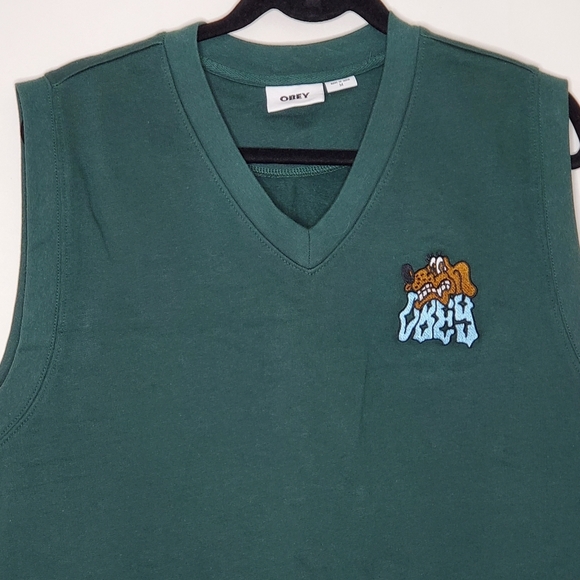 Obey Pine Green Vest Size M Slide Fleece Embroidered Dog Sleeveless Top Preppy - Picture 3 of 11